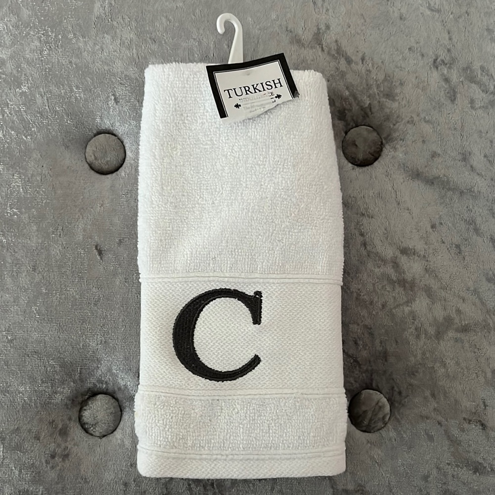 Towel face decor white grey embroidered letter C face cloth wash cloth cute
